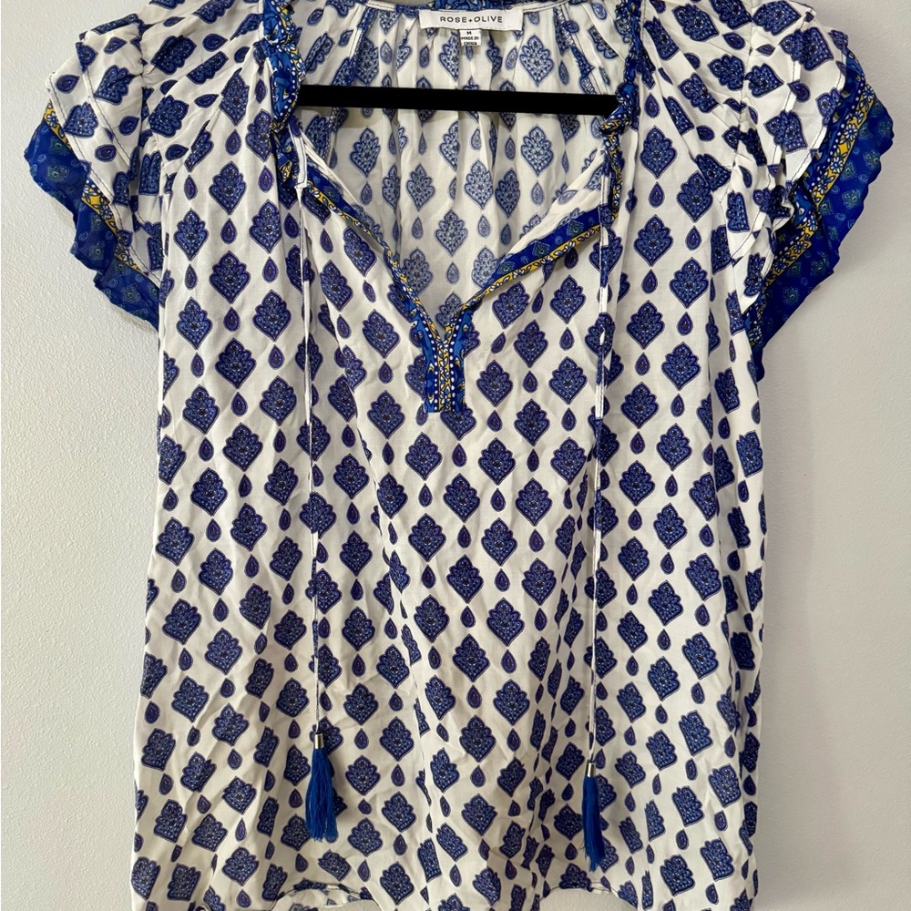 Rose & Olive Blue and White Tie Front Cap Sleeve Blouse Boho flowy